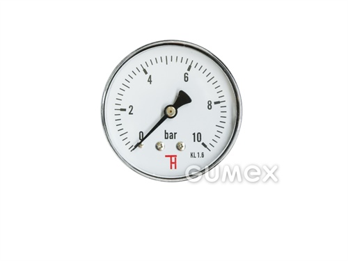 Manometer štandardný so zadným vývodom, priemer 63mm, vonkajší závit G 1/4", 0-10bar, trieda presnosti 1,6%, priezor akryl, púzdro oceľ, -40°C/+60°C